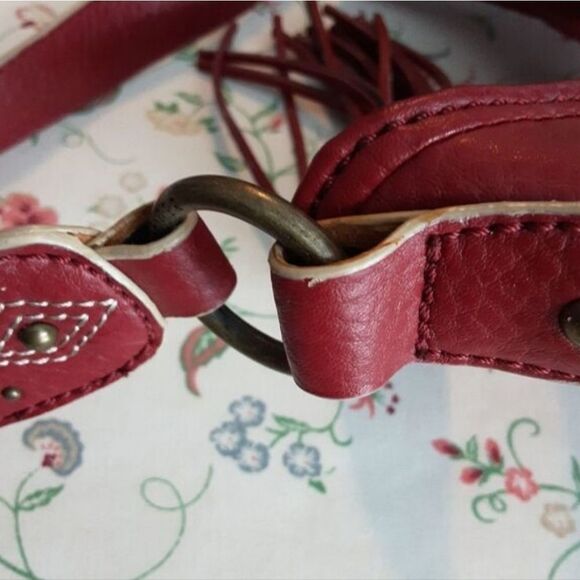 TOMMY HILFIGER Handbag Studded Embroidered Leather‎ Strap Tasseled Red - Picture 7 of 14